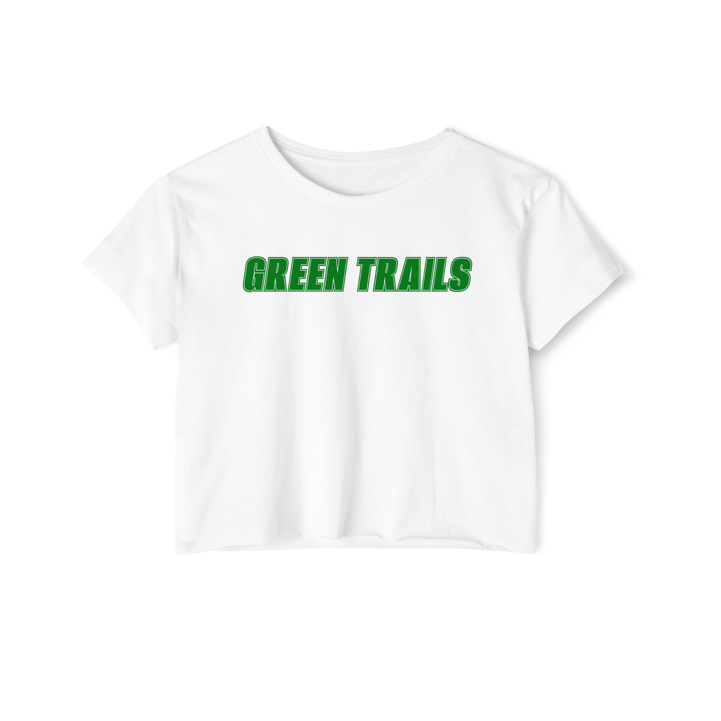 White cropped t-shirt with 'Green Trails' text on chest in green.