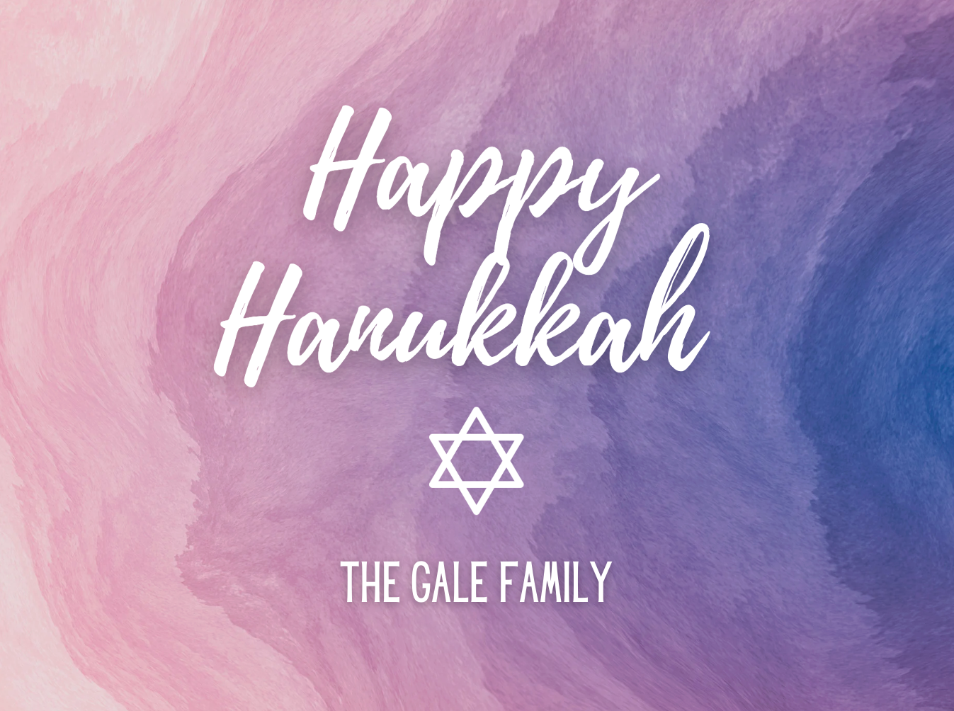 Happy Hanukkah platter with a star of David on a pink and purple watercolor background
