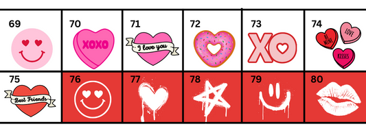 Set of graphic options including hearts, smileys, lips, stars, xoxo and other valentine day themed graphics.