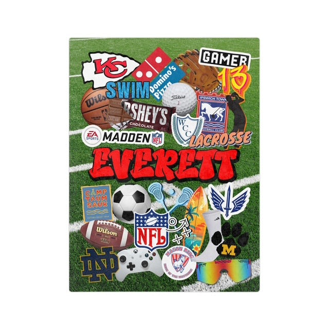 personalized favorite things blanket for boys with sports, food and camp icons