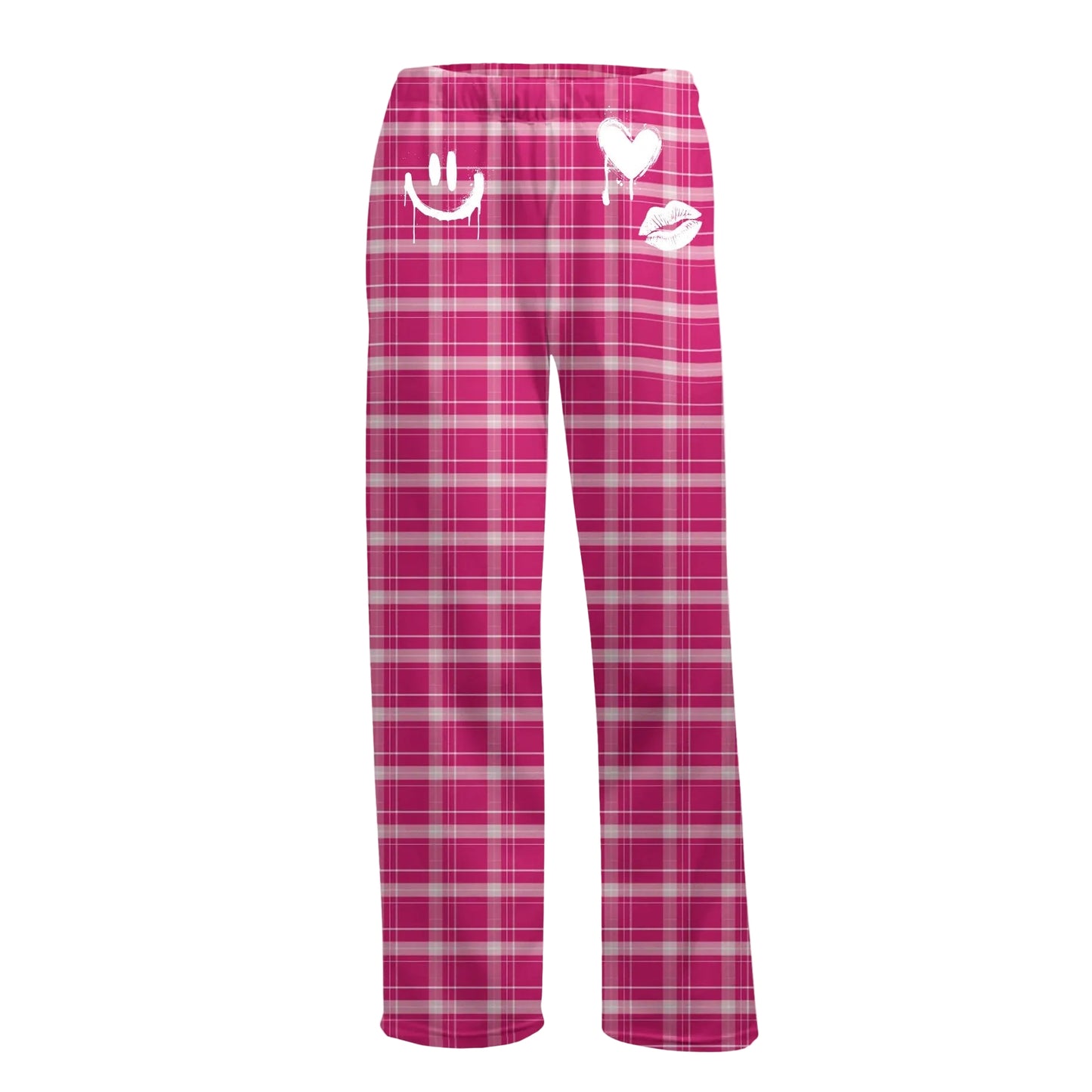 Pink plaid pajama pants with smiley face, heart, and lips 
