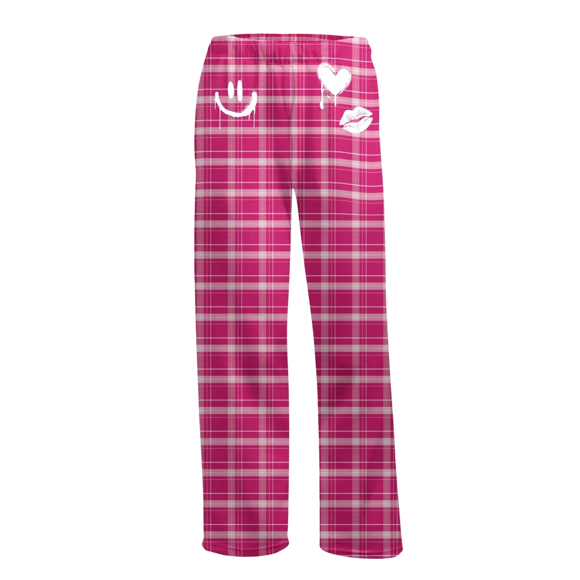 Pink plaid pajama pants with smiley face, heart, and lips 