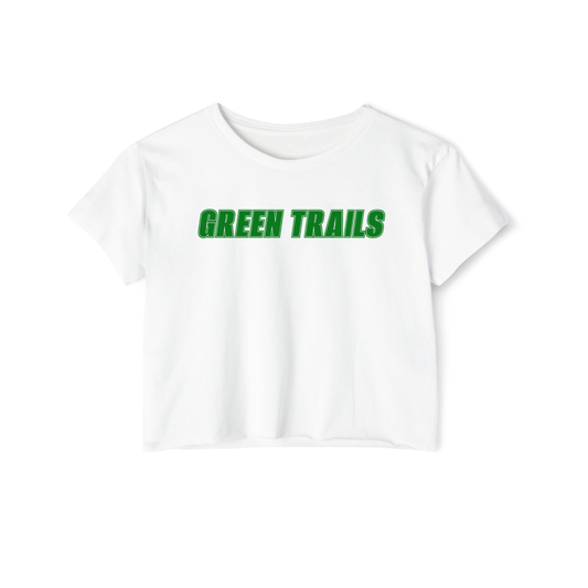 White cropped t-shirt with 'Green Trails' text on chest in green.