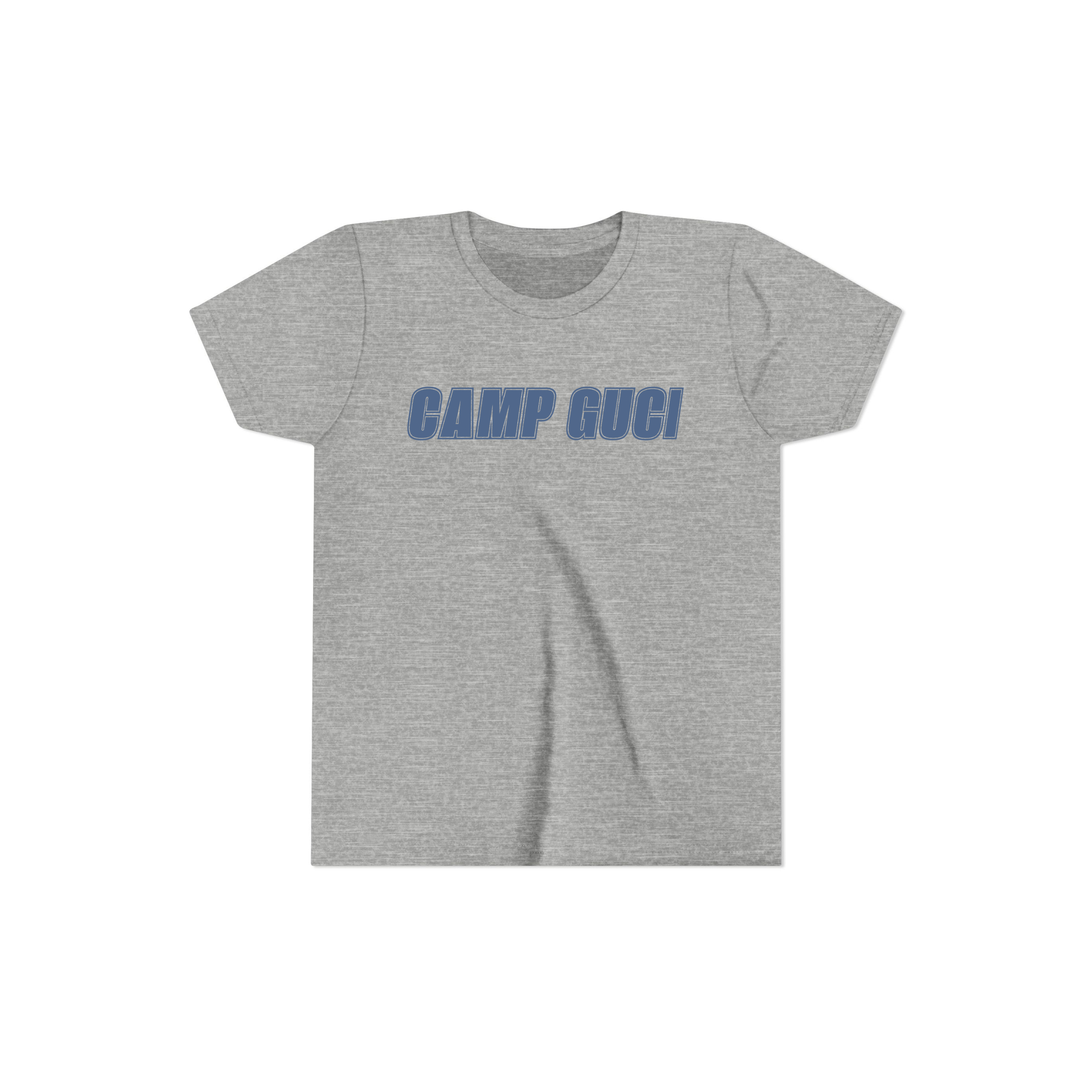 Gray t-shirt with 'CAMP GUCCI' text chest