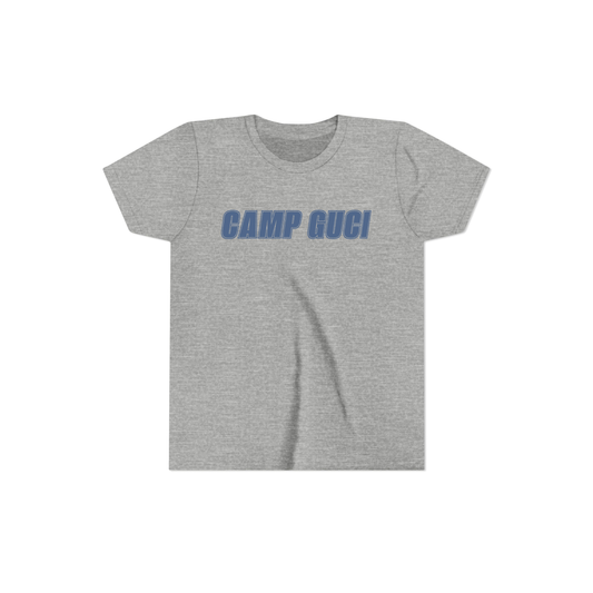 Gray t-shirt with 'CAMP GUCCI' text chest
