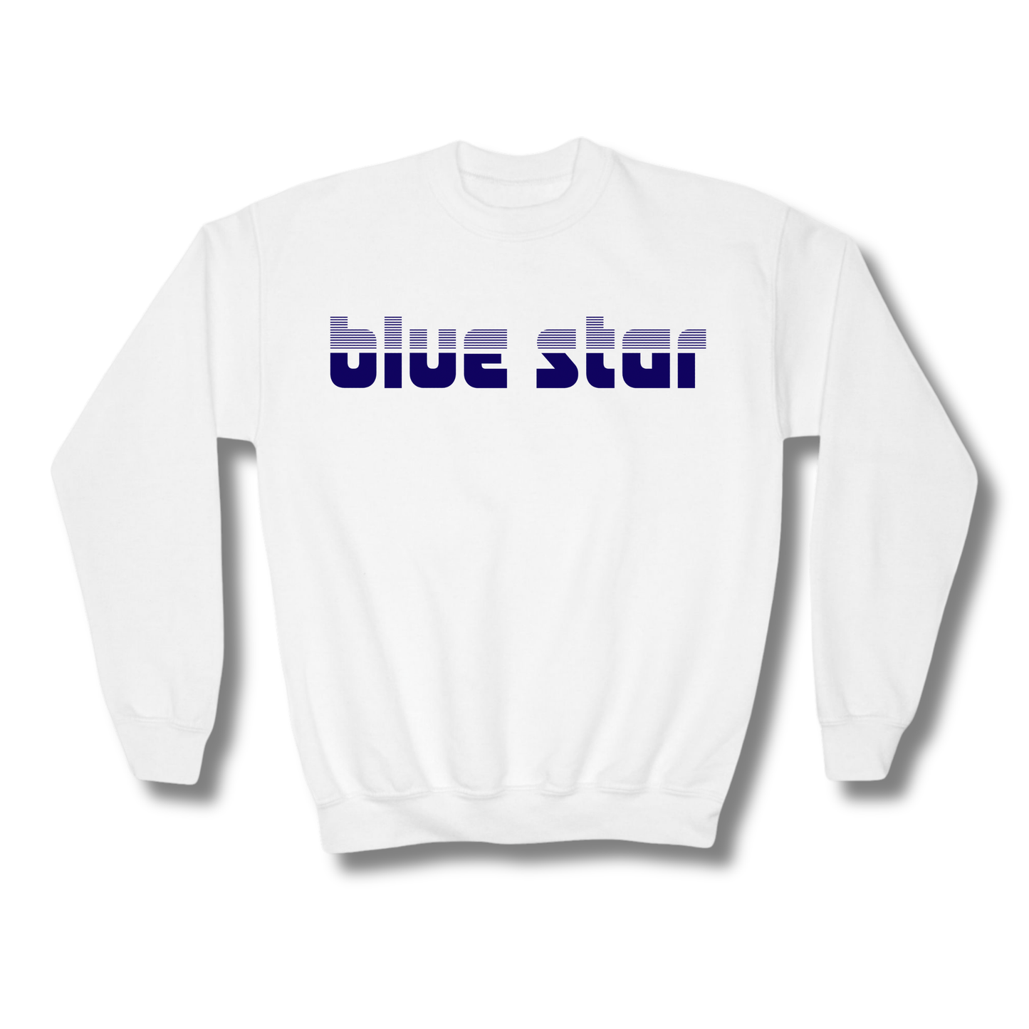 White sweatshirt with  lined font saying 'blue star' text chest of sweatshirt