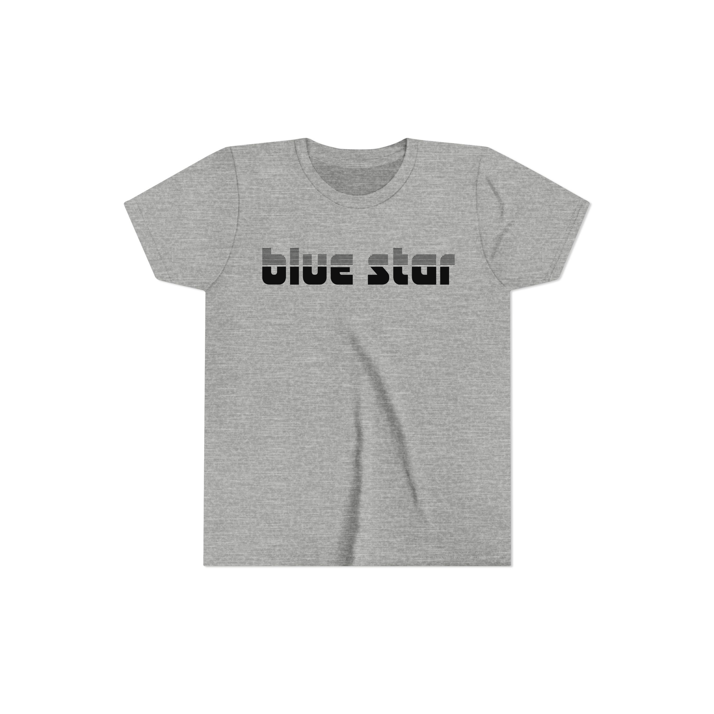 Gray t-shirt with 'blue star' text on chest