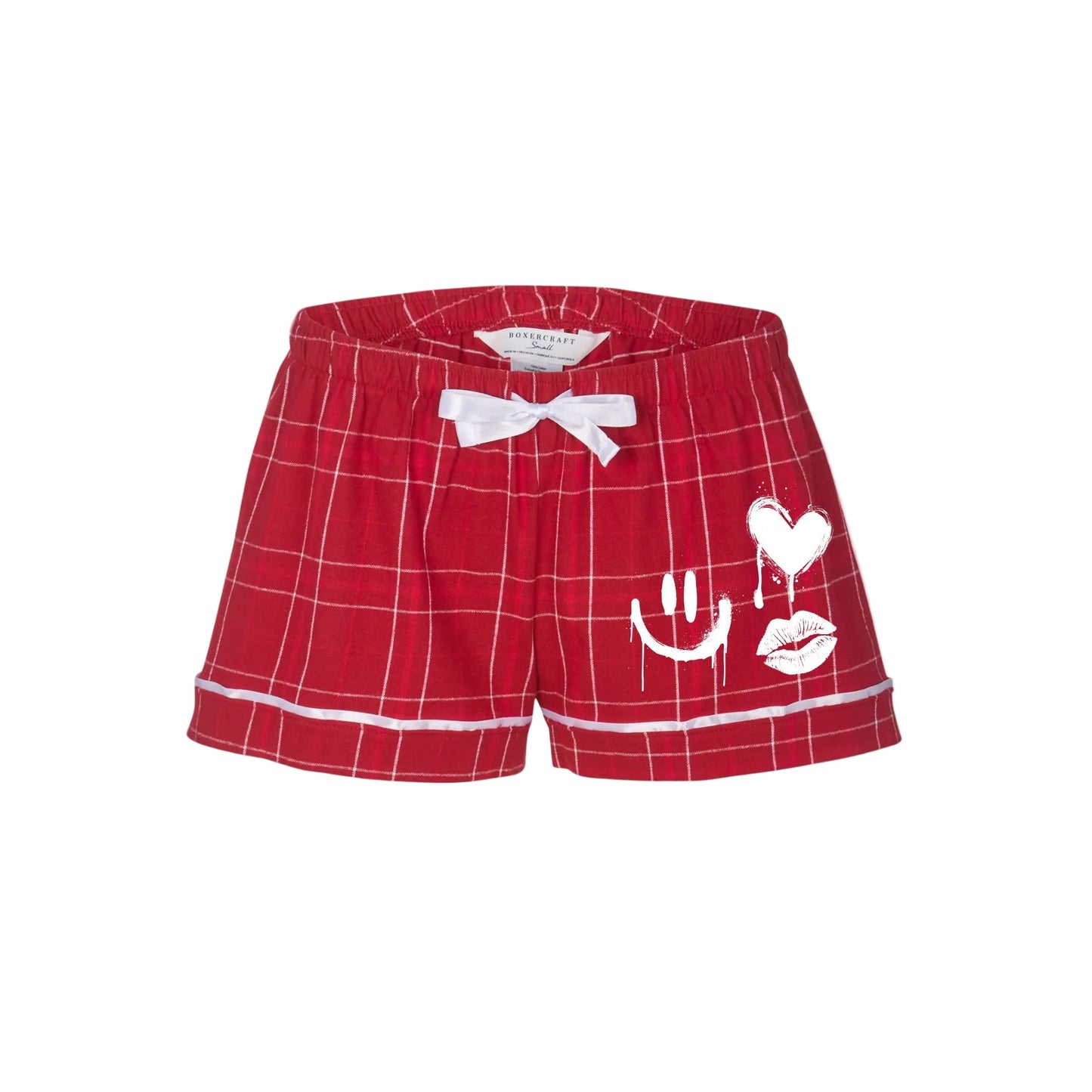 Red plaid shorts with heart, smiley and lips 