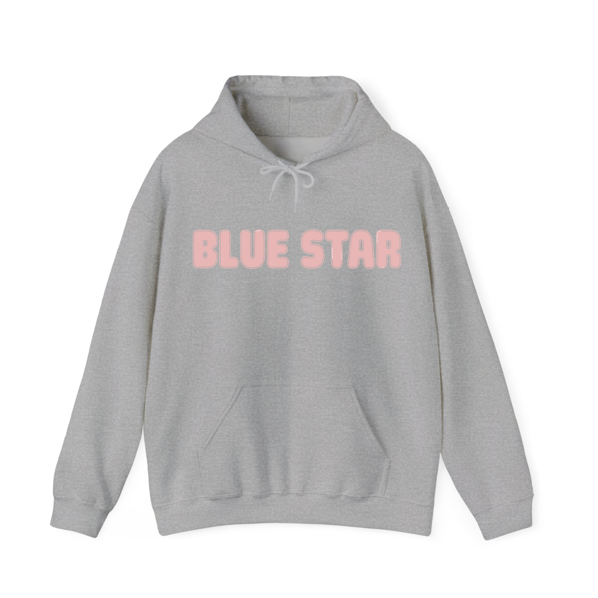 Gray hoodie with 'BLUE STAR' text on chest in pink bubble letters