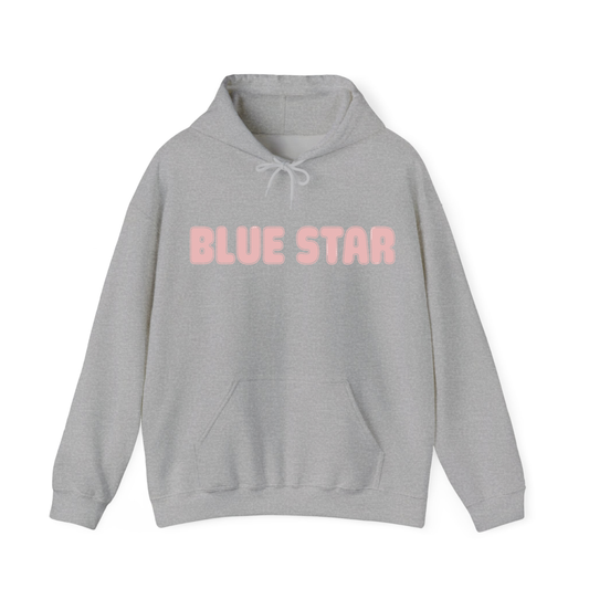 Gray hoodie with 'BLUE STAR' text on chest in pink bubble letters