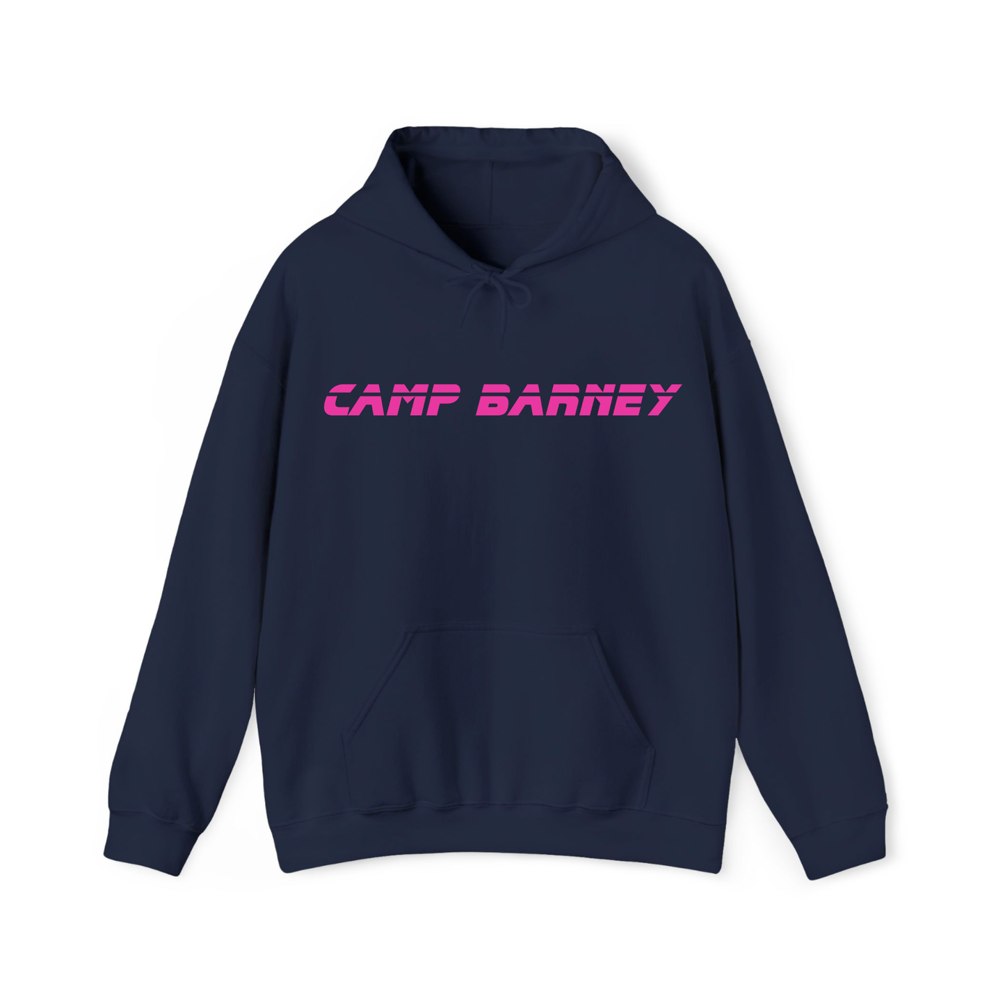 Navy blue hoodie with 'Camp Barney' text in pink