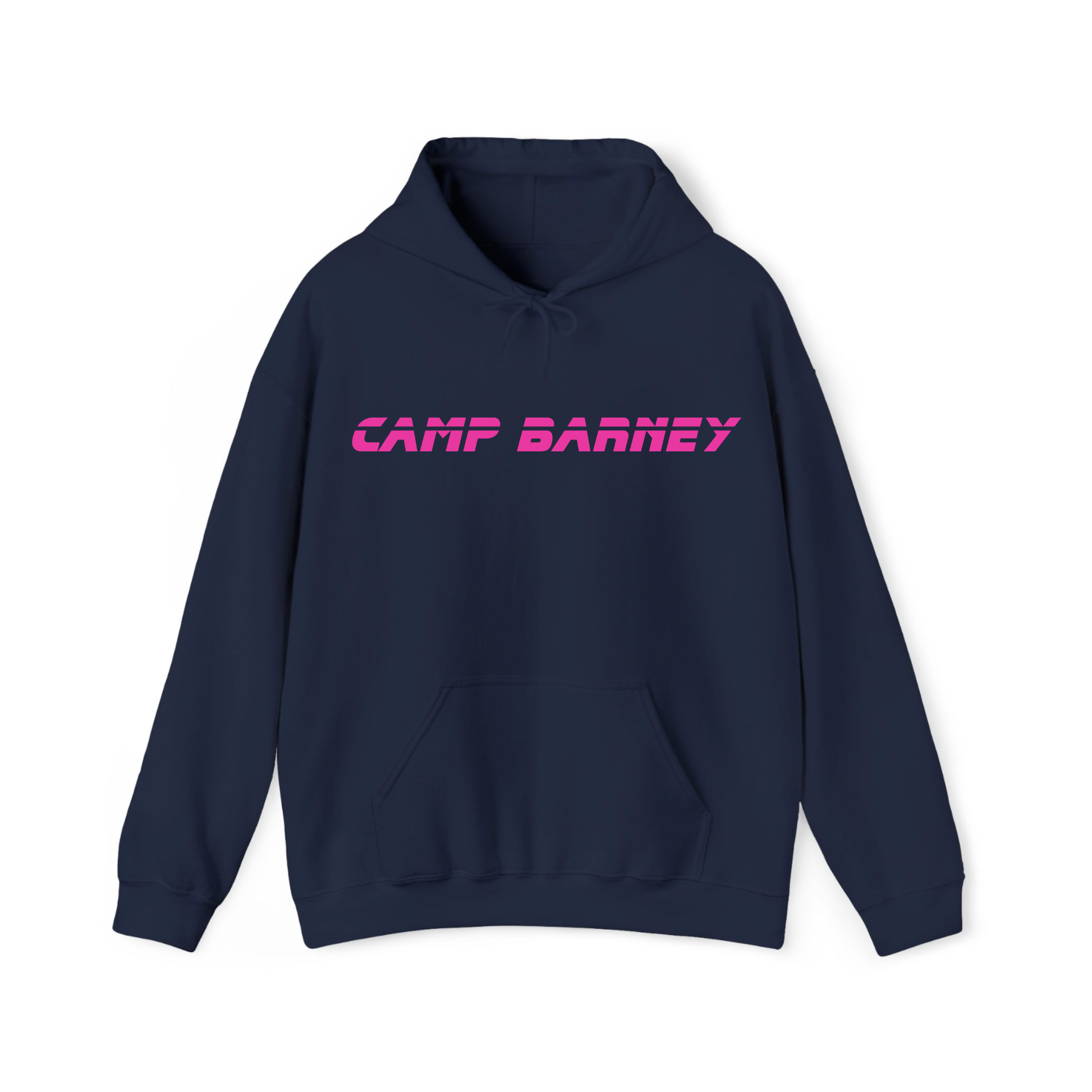 Navy blue hoodie with 'Camp Barney' text in pink