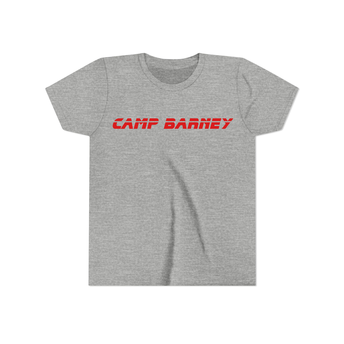 Gray t-shirt with 'Camp Barney' text in red on chest.