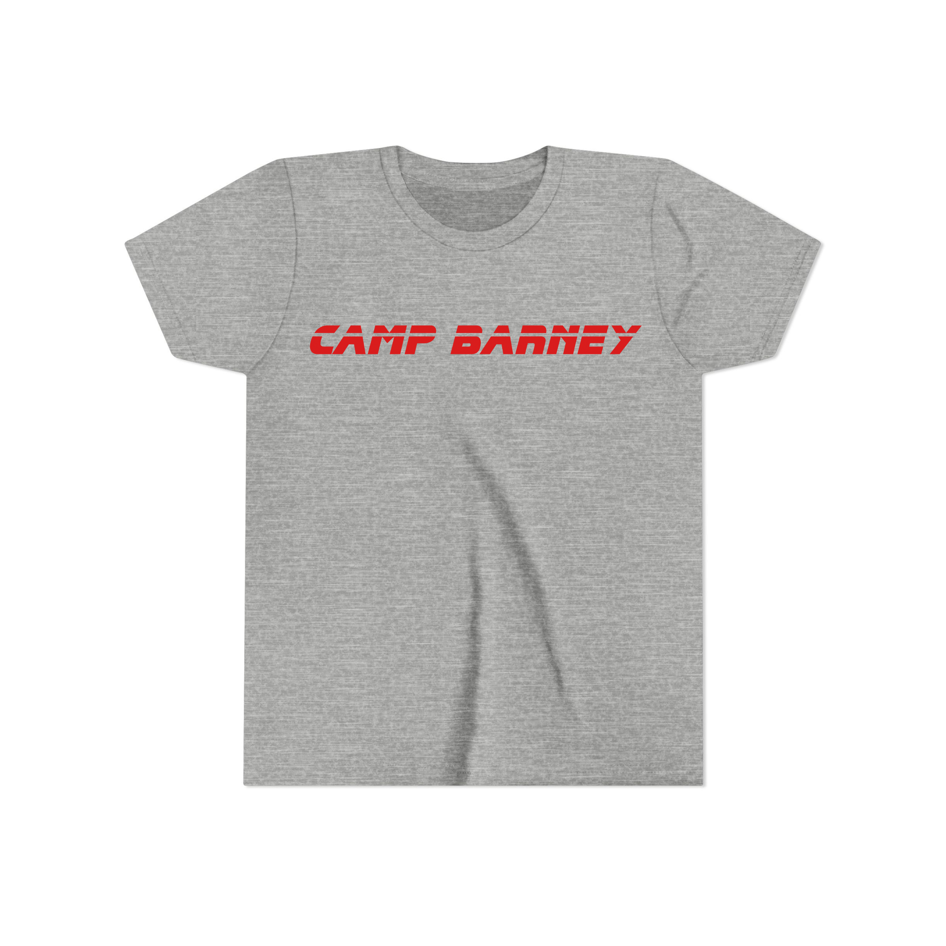 Gray t-shirt with 'Camp Barney' text in red on chest.