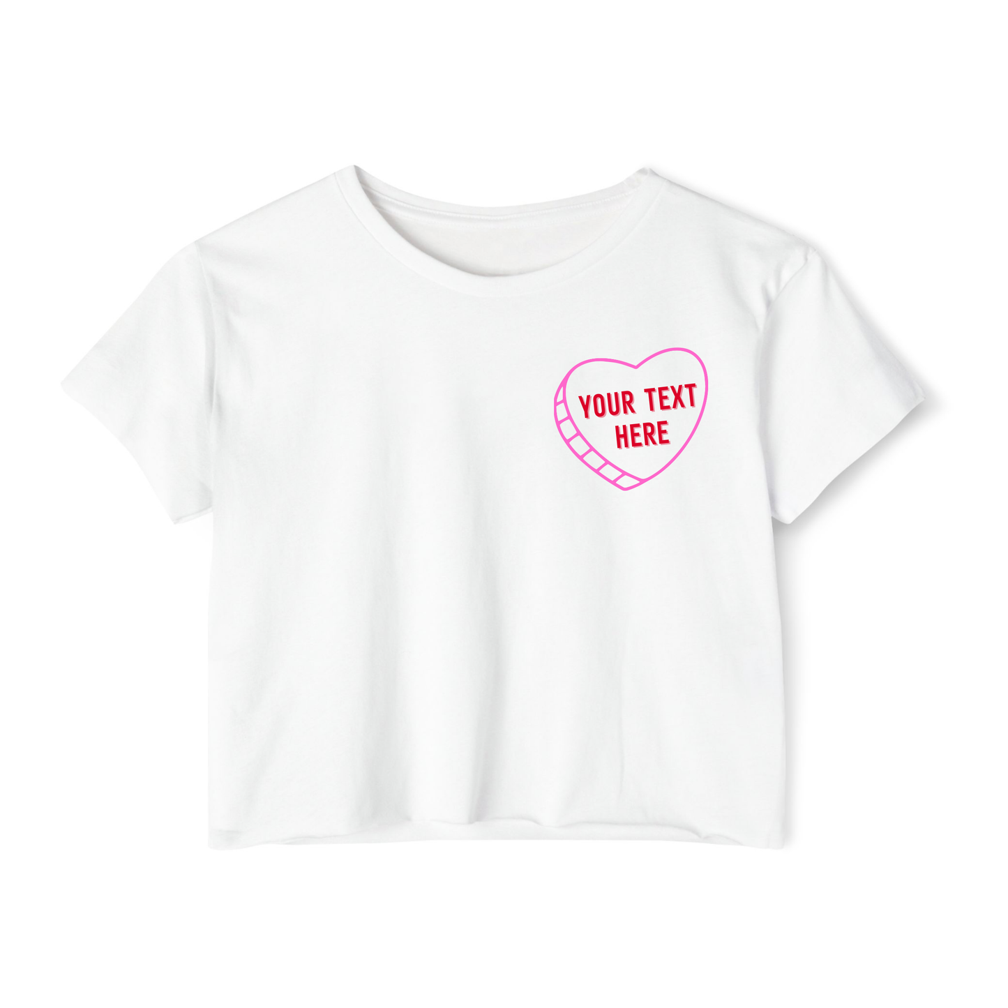 White t-shirt with a pink heart-shaped design and 'Your Text Here' text in the conversation heart.