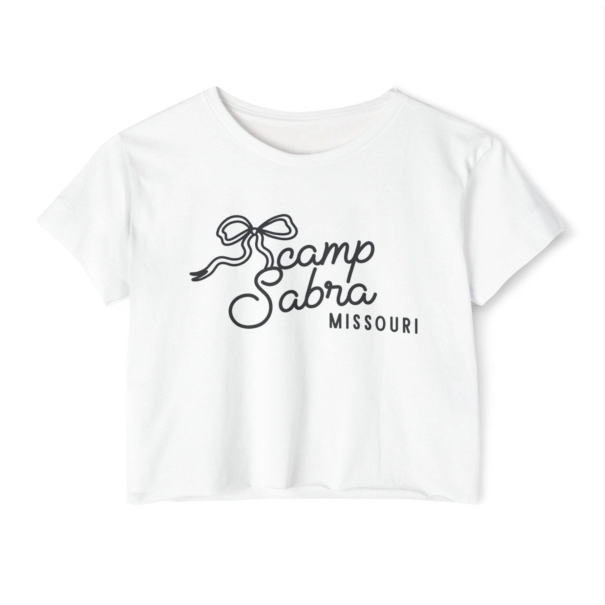 White t-shirt with 'Camp Sabra Missouri' text and bow