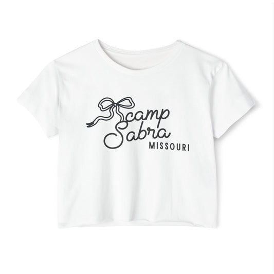 White t-shirt with 'Camp Sabra Missouri' text and bow