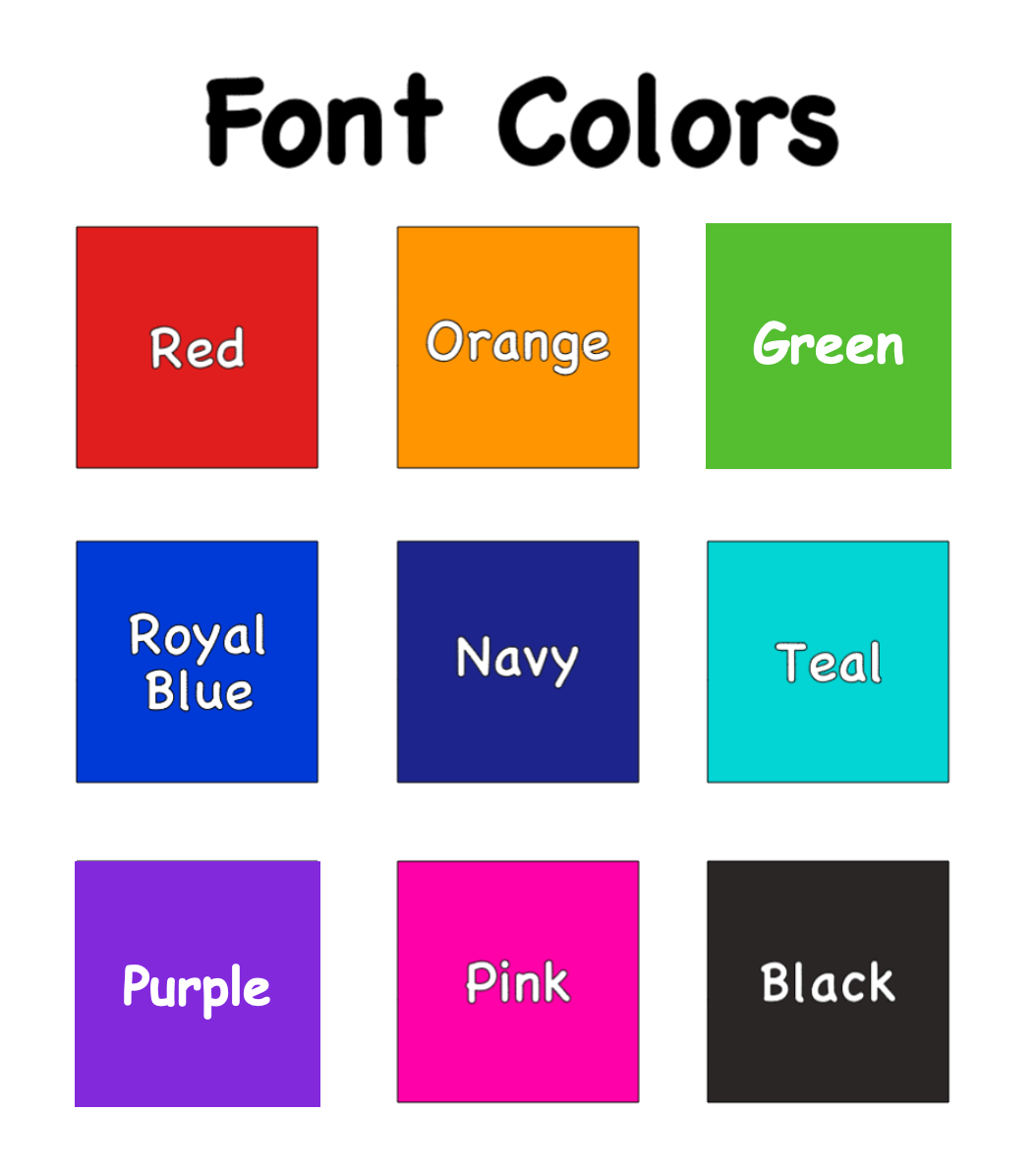 Grid of colored squares with text labels showing various font colors.