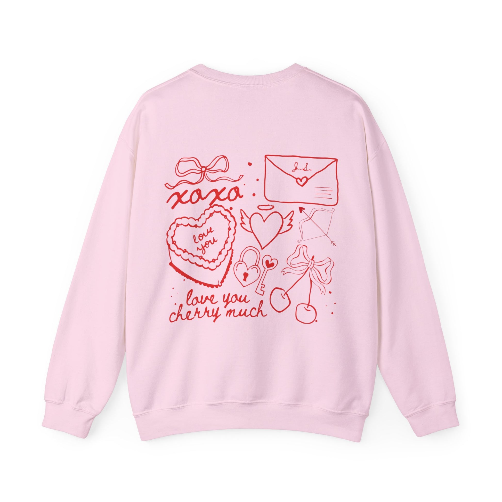 Light pink crewneck sweatshirt with a red hand-drawn Valentine’s Day collage graphic on the back, featuring hearts, bows, cherries, love notes, and a personalized love letter with initials.