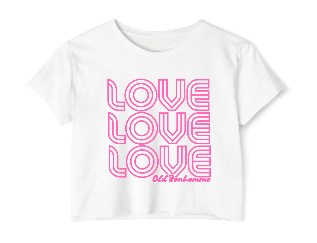 White cropped t-shirt with pink 'LOVE' text repeated and school or camp name