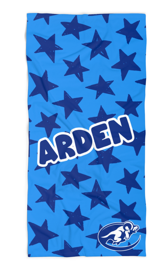 Blue towel with star pattern and 'Arden' personalization on a white background
