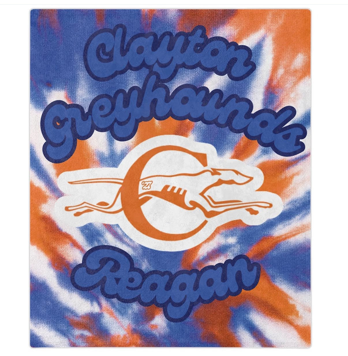 Tie-dye towel with 'Clayton Greyhounds' and 'Reagan' text on a blue, orange, and white background
