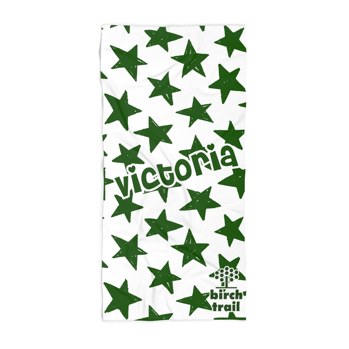 Towel with green star pattern and 'Victoria' text on a white background
