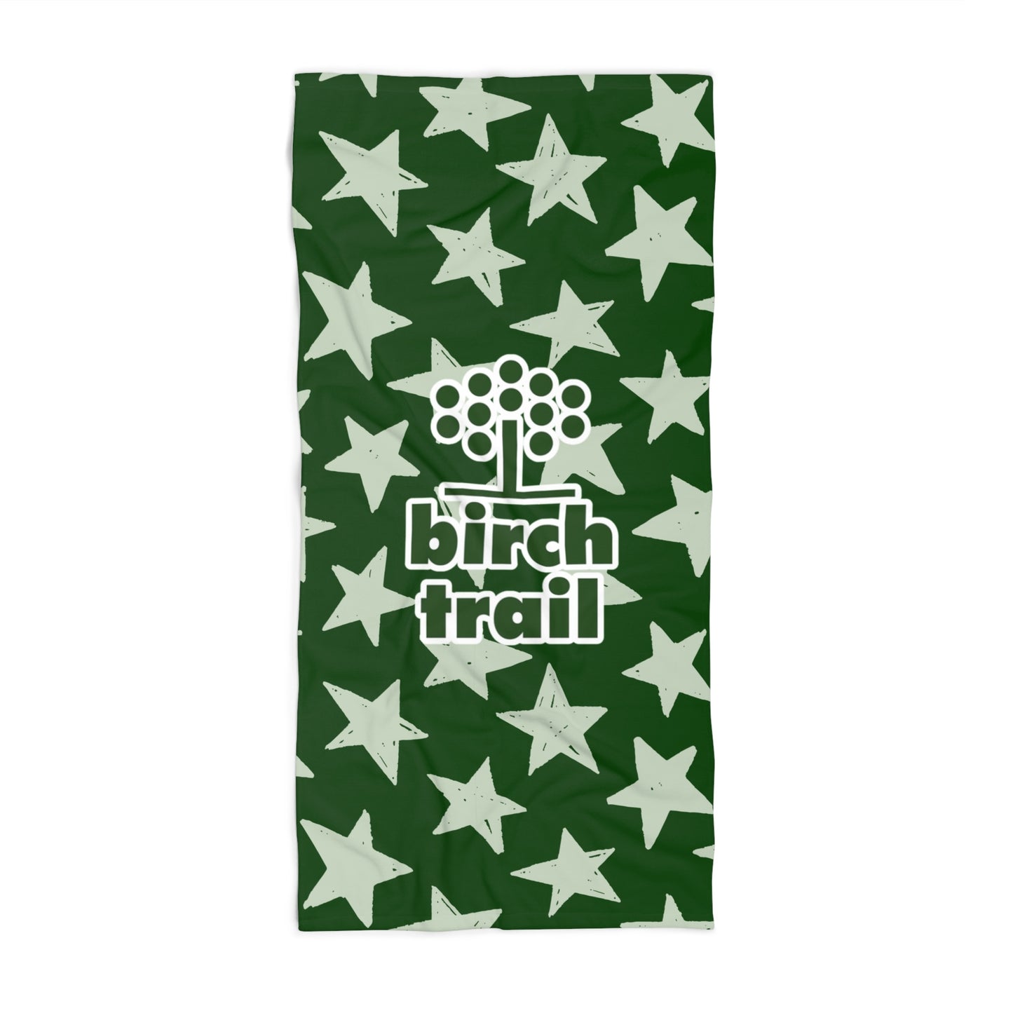 Green towel with white star pattern and 'birch trail' logo