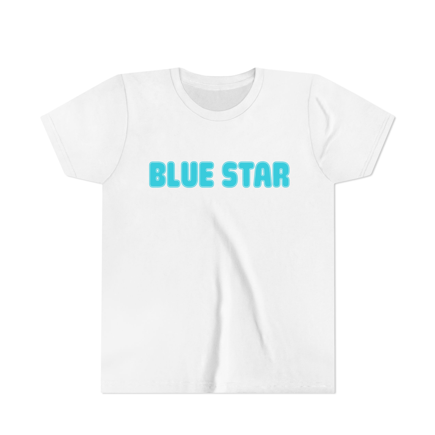 White t-shirt with 'BLUE STAR' text in aqua bubble letters.