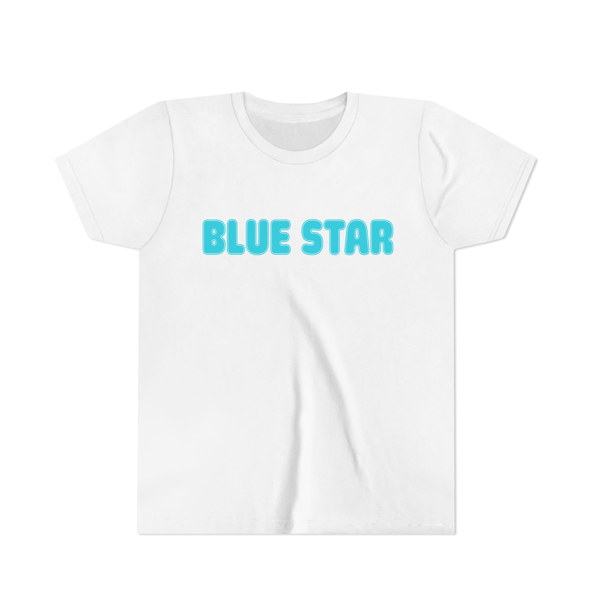 White t-shirt with 'BLUE STAR' text in aqua bubble letters.