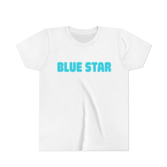 White t-shirt with 'BLUE STAR' text in aqua bubble letters.