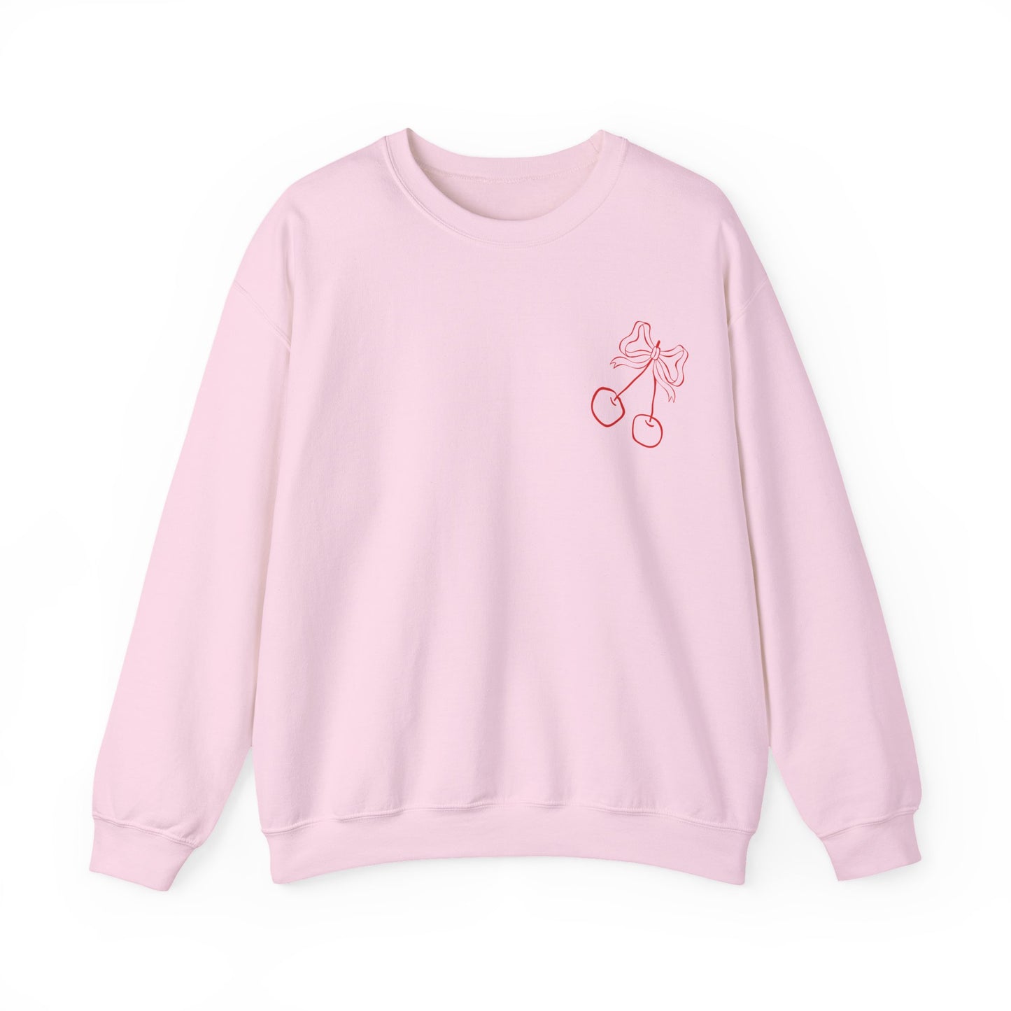 Light pink crewneck sweatshirt with a red hand-drawn Valentine’s Day collage graphic on the back, featuring hearts, bows, cherries, love notes, and a personalized love letter with initials.