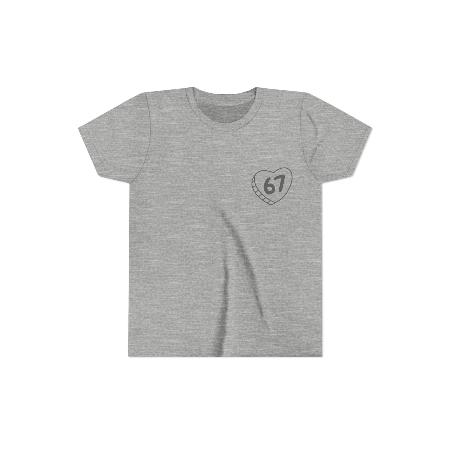 Gray t-shirt with a heart-shaped number 67 design in personalized conversation style heart.