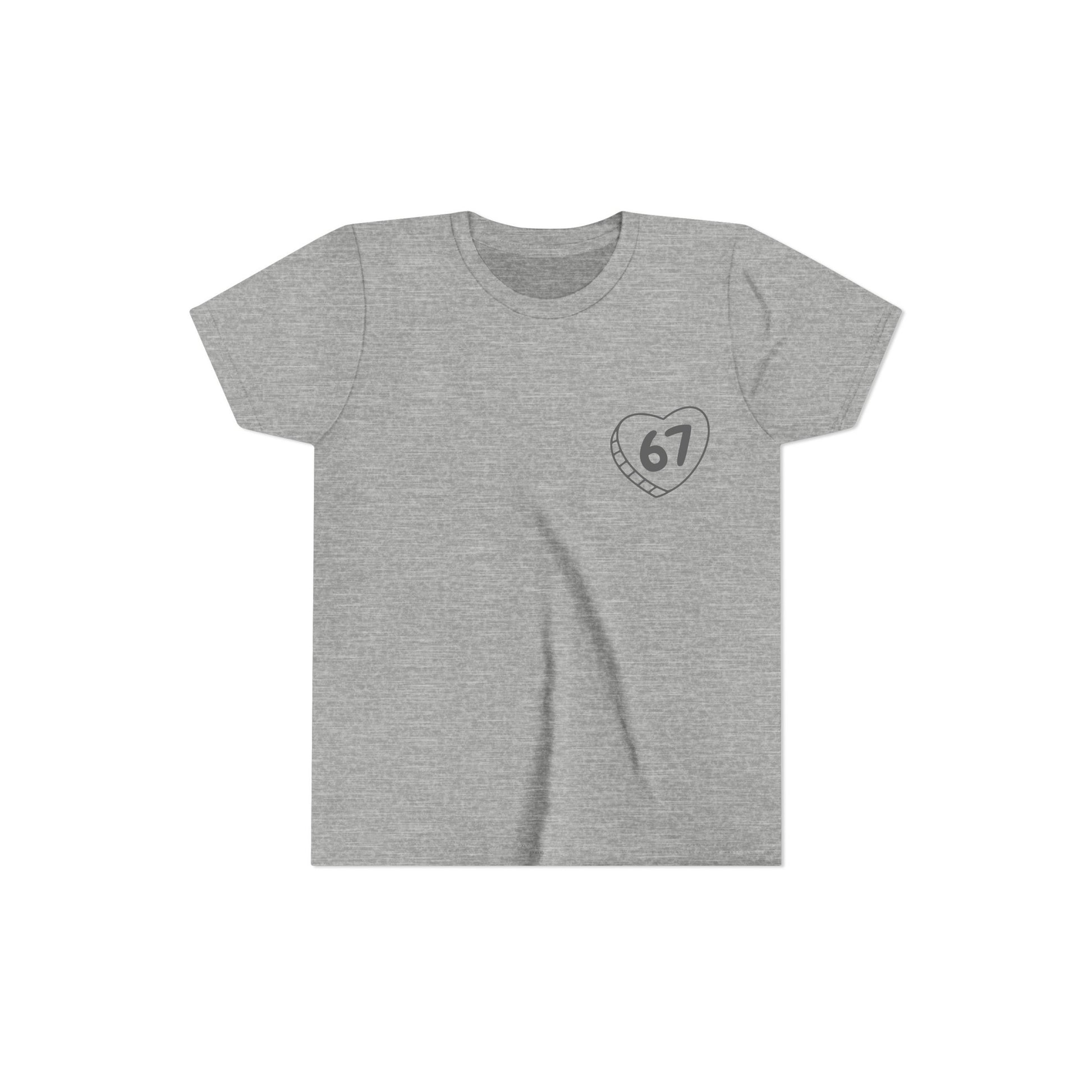 Gray t-shirt with a heart-shaped number 67 design in personalized conversation style heart.