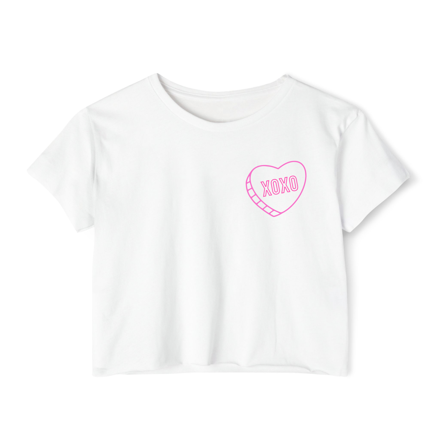 White t-shirt with pink heart and 'XOXO' text in personalized conversation heart