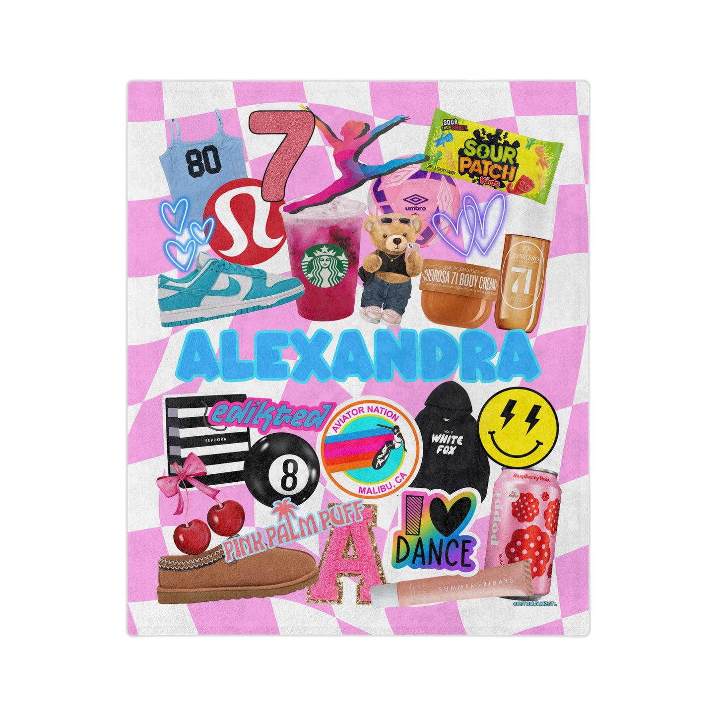 teen birthday gift personalized blanket with favorites Starbucks, dance, white fox, poppy and smile faces