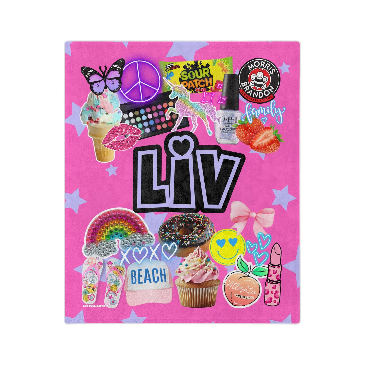 girls personalized custom blanket featuring beach icons, makeup and rainbows and butterflies.