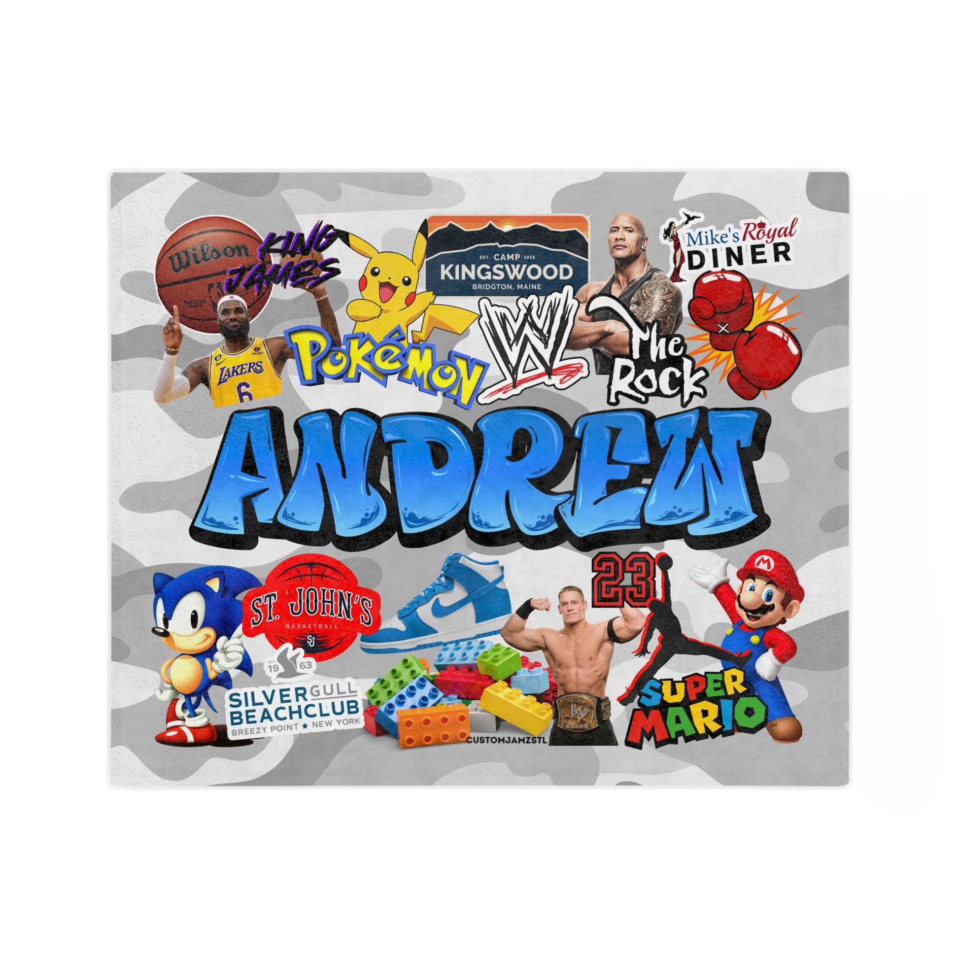 boys personalized throw blanket cartoons, sleep-away camp, wrestling and sports