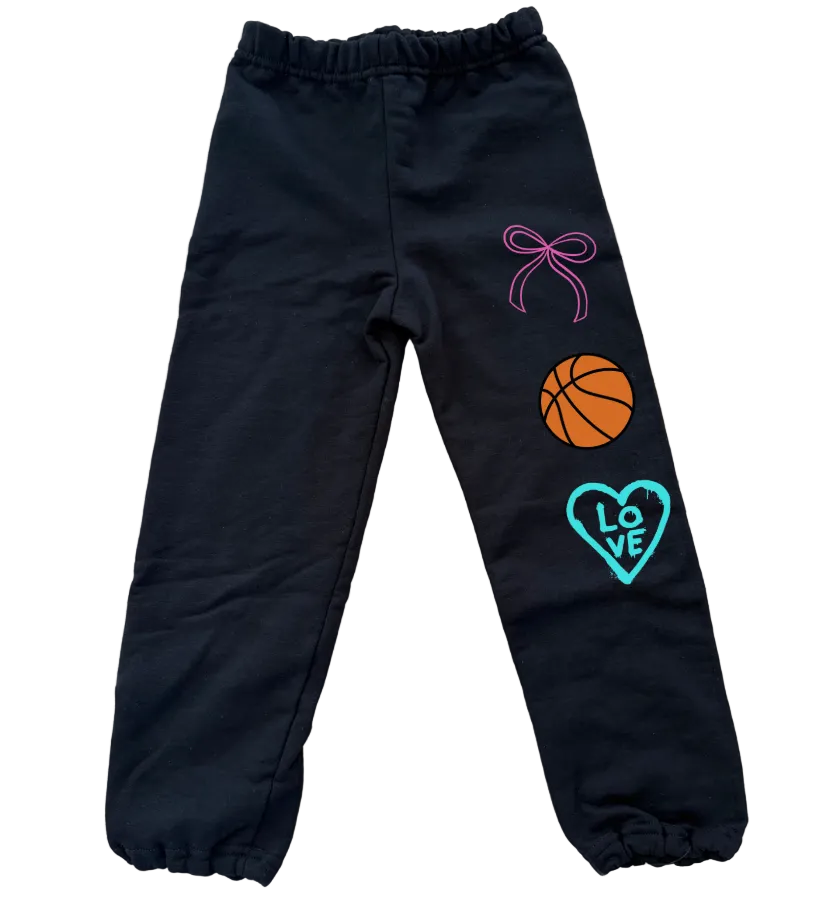 Black sweatpants with pick you own favorite things colorful graphics, bow, basketball and heart with love