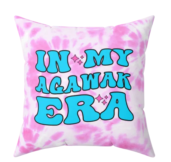 Four colorful pillows with text and graphics on a blue background