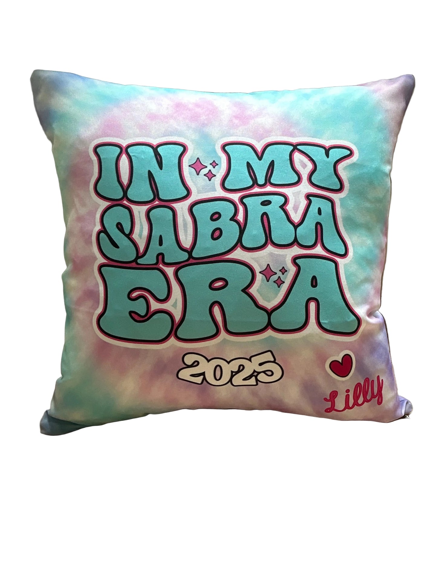 Tie-dye pillow with text 'In my Sabra Sara era 2025 Autograph pillow
