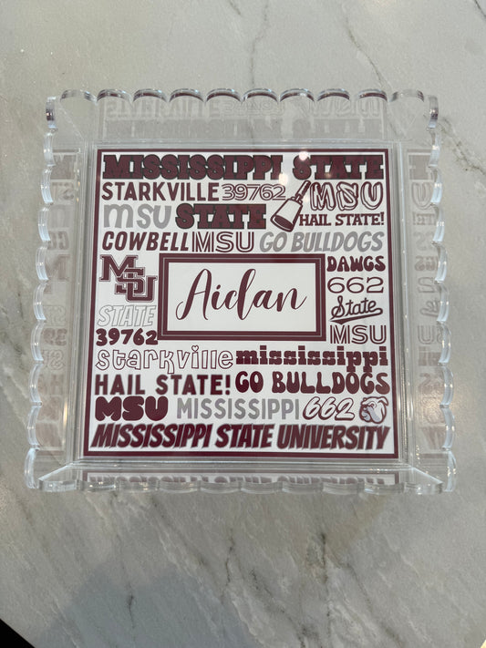 personalized acrylic tray with Aiden name personalization and MSU graphics